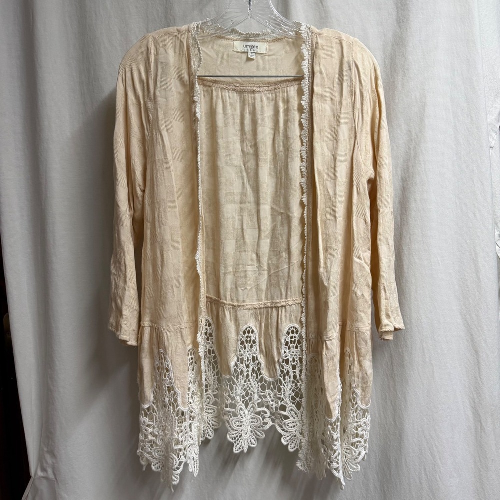 Umgee USA Peach Checkered Jacquard Open Front Cardigan Lace Trim Boho Small